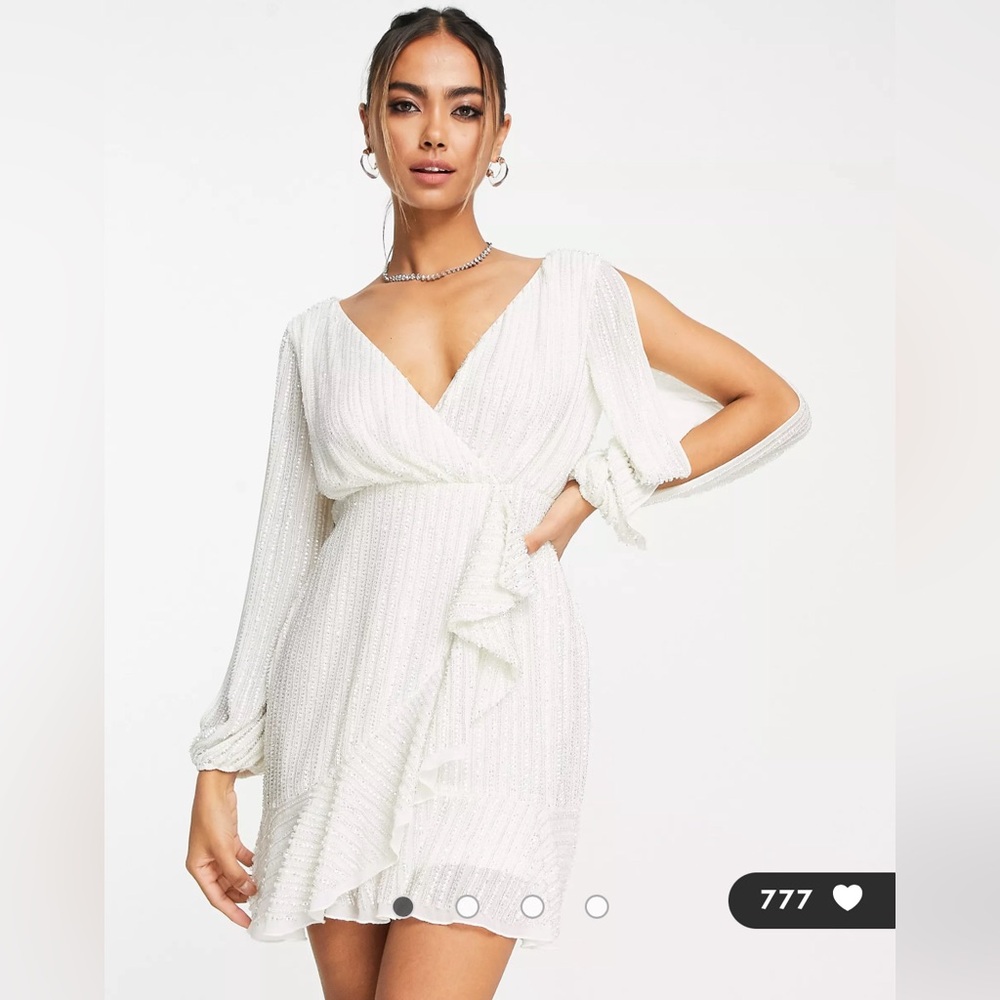 ASOS Miss Selfridge Premium embellished sequin wrap mini dress in white